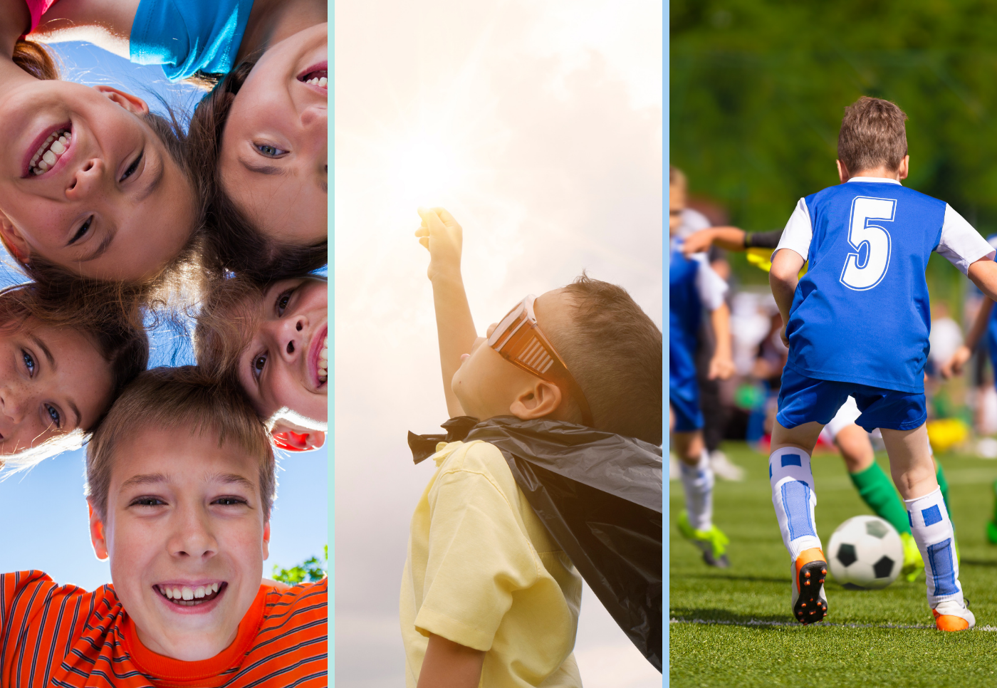 3 photos of kids playing and enjoying themselves