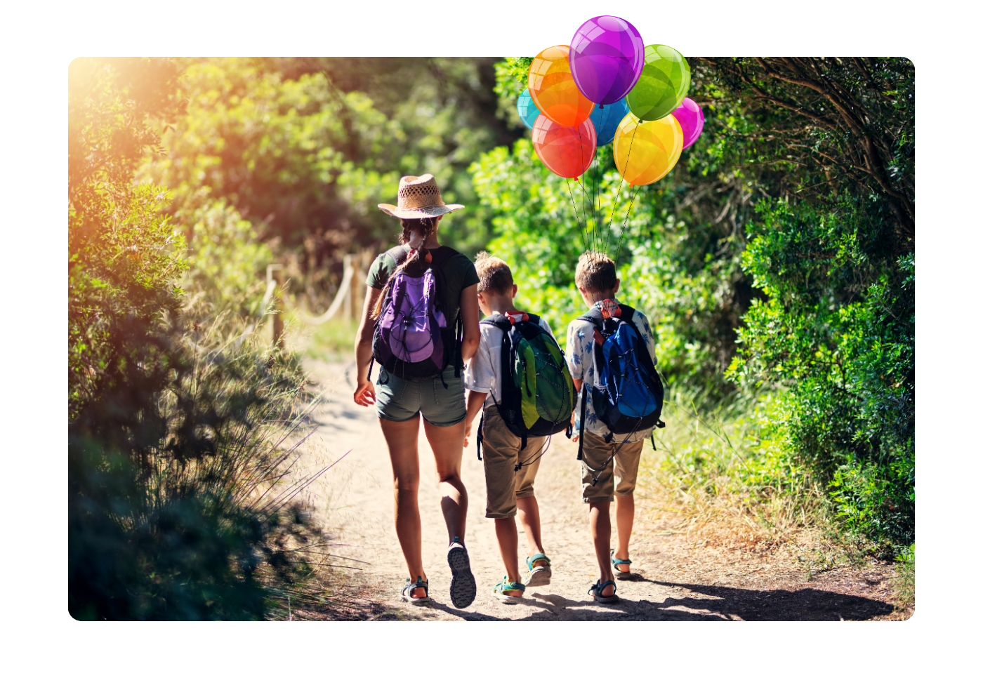 A adult and kids going on a fun bush walk 