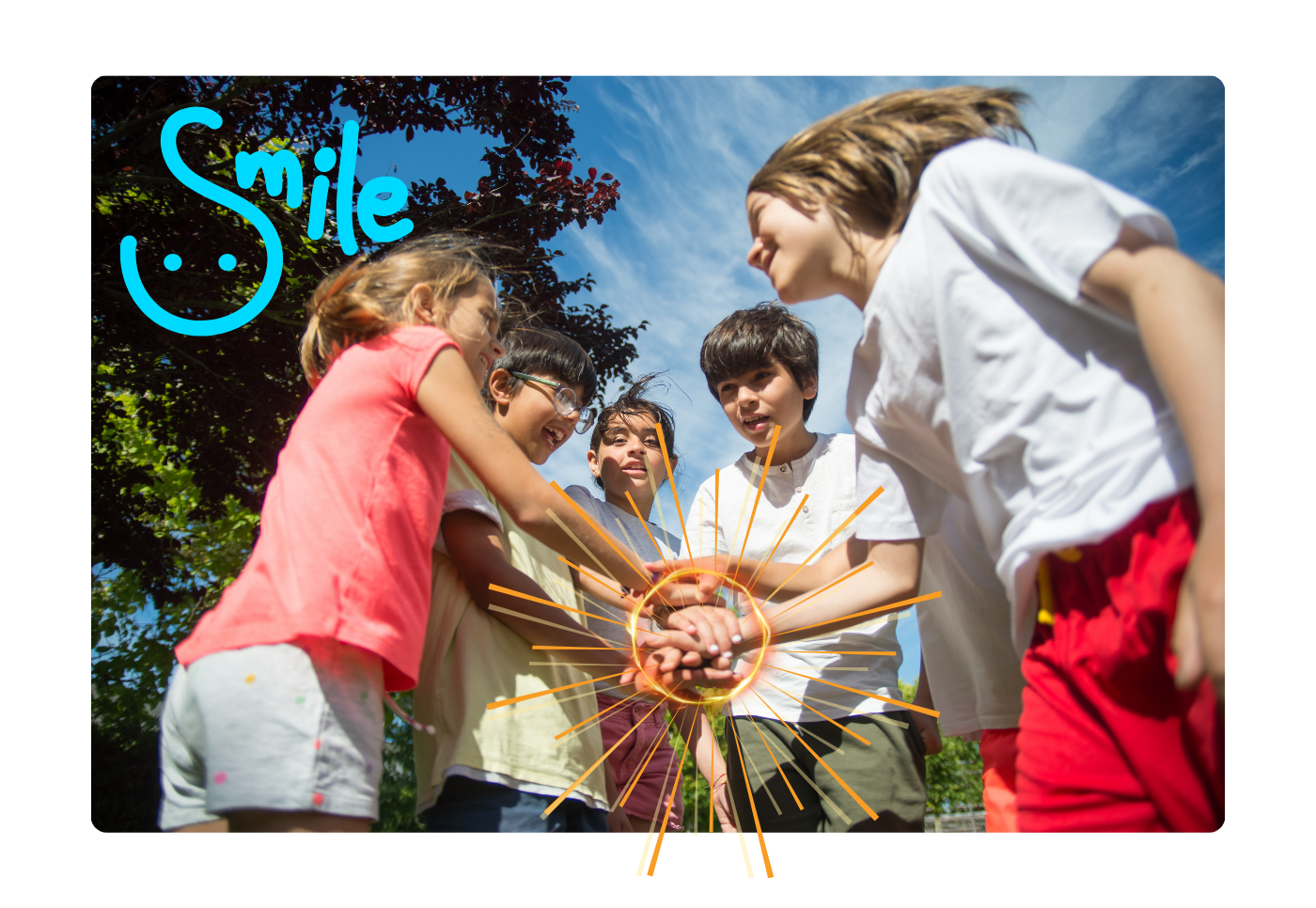 Group of kids with their hands in the middle smiling having fun