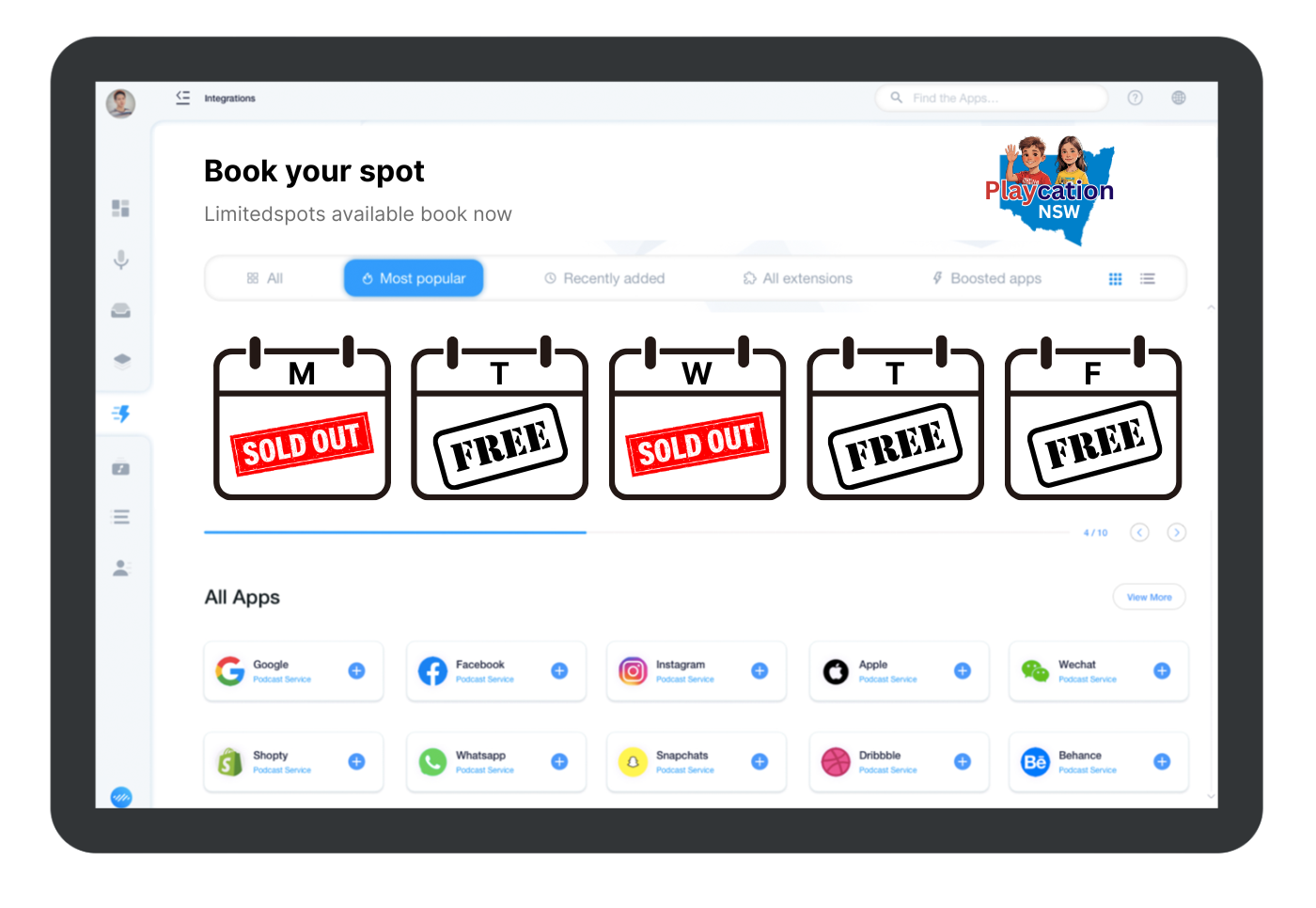 ipad image showing sold out and free days to book