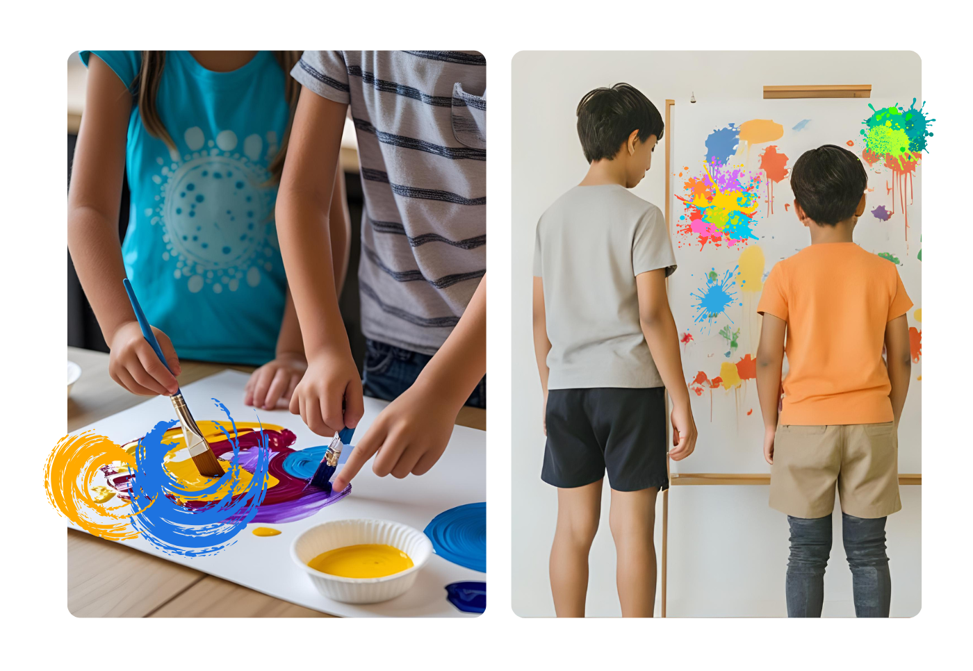 A couple of groups of kids painting