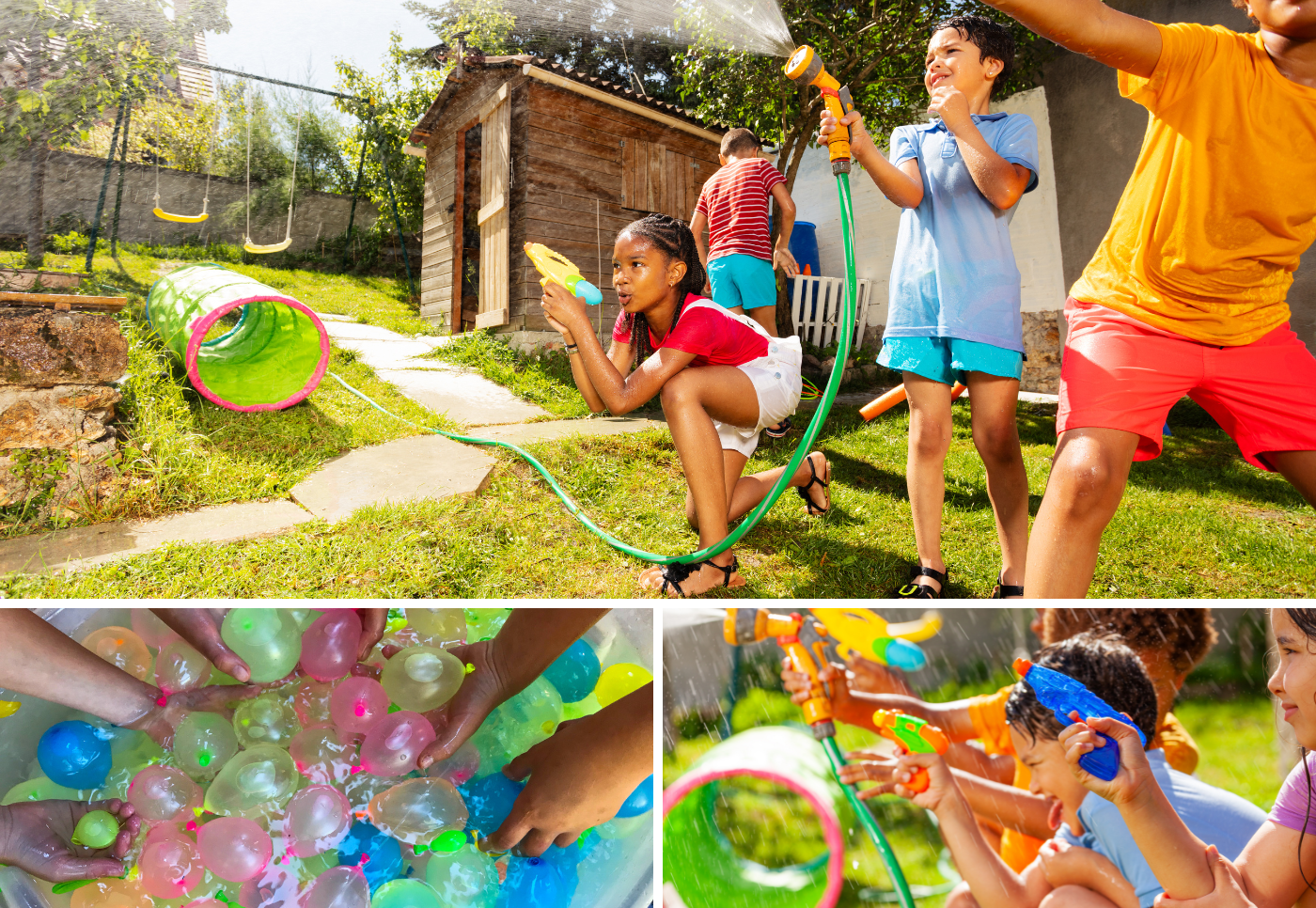 Kids having a water fight having fun
