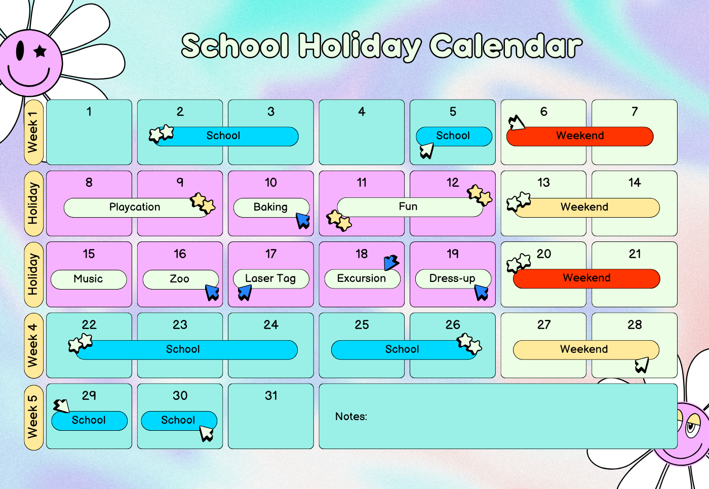 A calendar showing Playcation NSW booking for school holidays